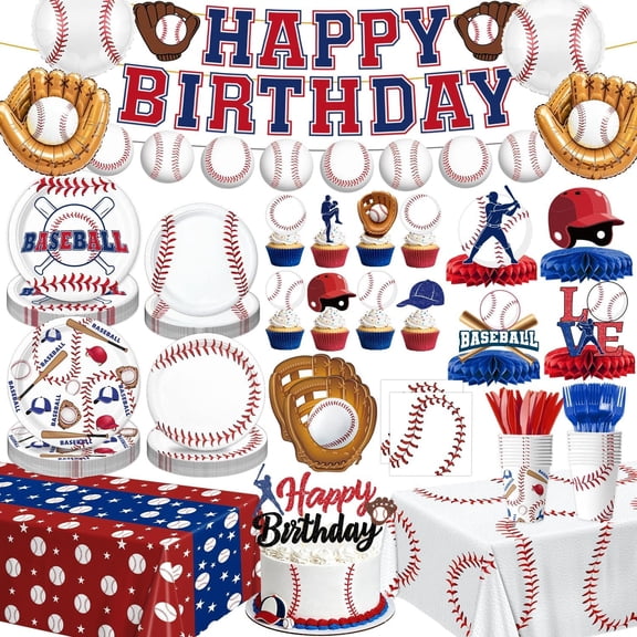 Baseball Birthday Party Decorations Set  Includes 9" & 7" Plates, Napkins, Cups, Cutlery, Cake & Cupcake Toppers, Banner, Swirls, Tablecloths, Centerpieces, Foil Balloons  Serves 24