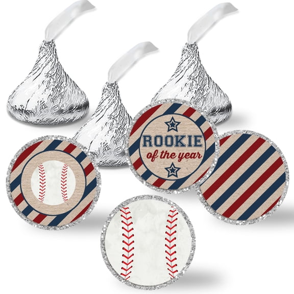Baseball Birthday Rookie of the Year Chocolate Kiss Stickers  324 Count, 0.75 Inch Round Party Candy Labels, 3 Sheets of Coordinating Designs, Made in USA by Amanda Creation