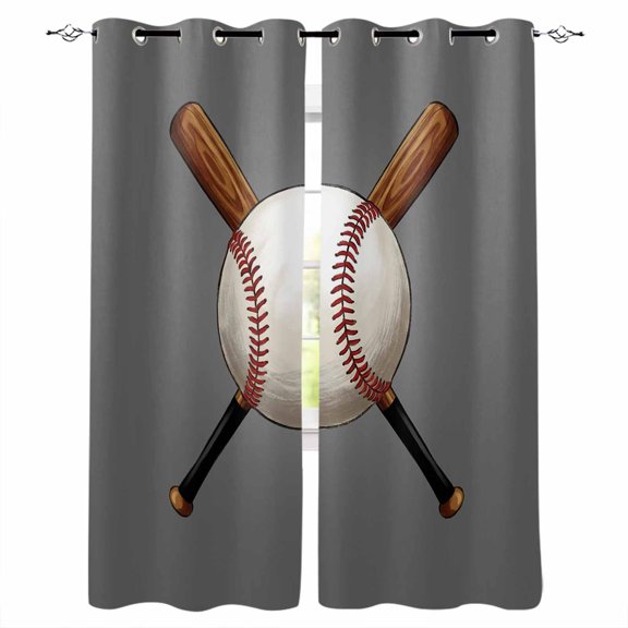 Baseball Blackout Curtains 63 Inch Length Sports Gray Background Cartoon Thermal Insulated Window Curtain Window Drapes 2 Panels for Bedroom Living Room 42"Wx63"L