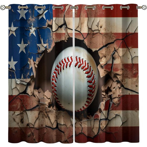 Baseball Blackout Curtains, American Flag Sports Window Drapes for Bedroom Living Room Kitchen, Athletic Theme Curtains 26"W x 45"L (Pack of 2)