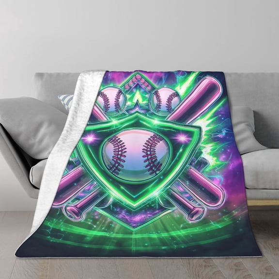 Baseball Blanket, Vibrant Neon Shield Bats Flannel Fleece For Cinema Room Bonus Room Patio 50x40
