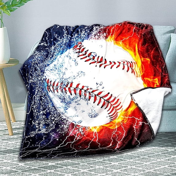 Baseball Blanket for Boys 50"x60" 3D Printed Ball in Fire Blankets for Youth Adult Flannel Throw Home Decor for Couch Room