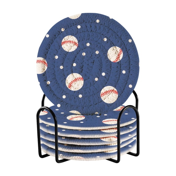 Baseball Blue Tile Pattern Bar Coasters 6 Pack Braided Coasters with Holder Absorbent Heat Resistant