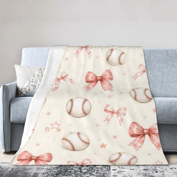 Baseball Bow Blanket Gift Throw Blanket Gift for Softball Sports Pink Ribbon Room Decor 50x40