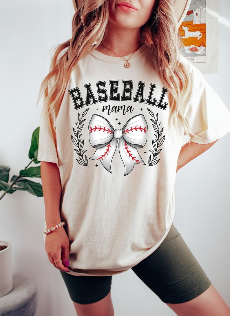 Baseball Bow Graphic T-Shirt, Vintage Baseball Ribbon Lettering Laurel ...
