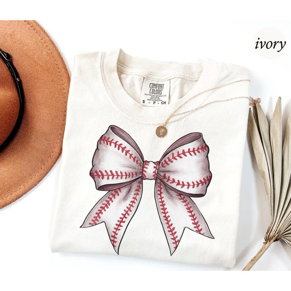 Baseball Bow Graphic T-Shirt, Vintage Baseball Stitch Ribbon Illustration Design, Baseball Season Game Day Apparel, Comfort Colors Unisex Cotton T-Shirt, Size S-3XL
