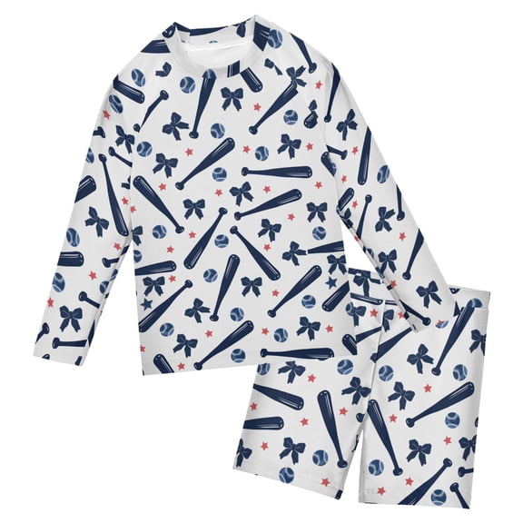 Baseball Bow Star Pattern Boys' Bathing Suit UPF 50+ Boys' Rash Guard Sets Stretchy Quick Dry 3T-10T