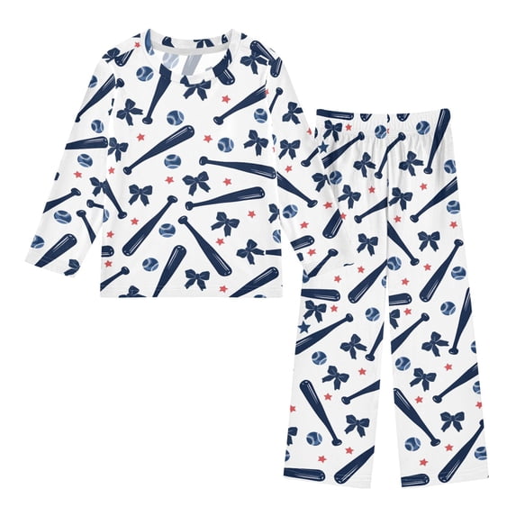 Baseball Bow Star Pattern Pajama Set Soft Warm Cozy Fleece 2 Piece Fall ...
