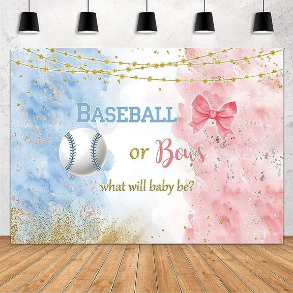Baseball or Bows Gender Reveal Backdrop Baseball or Bows Party Decoration Baby Shower Photography Background Watercolor Blue or Pink He or She Pregnancy Reveal Surprise Party Banner