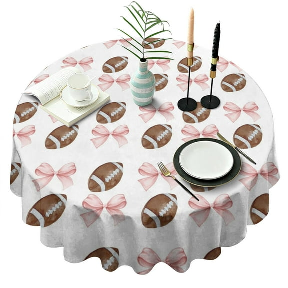 Baseball Bows Pattern Round Tablecloth 60"x60",Wrinkle Wipeable Table Cloth for Kitchen Dining Room Picnic Patio Party