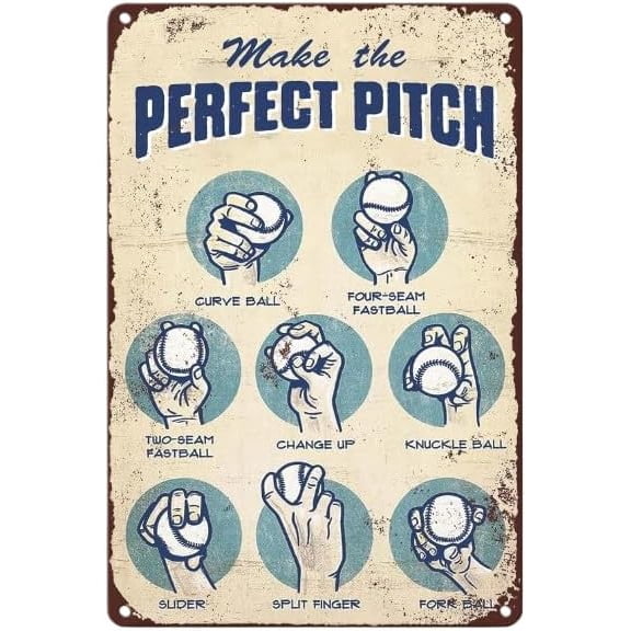 Baseball Boys Gifts Pitching Grips Gym Tin Sign 12 x 8 Inch Vintage Wall Decor