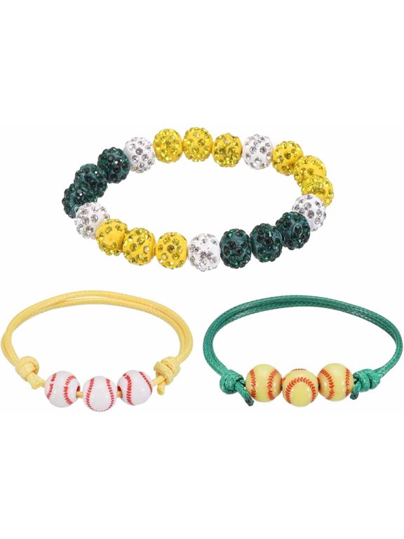 Baseball Bracelet, Bling Rhinestone Beaded Chain with 2 Adjustable Wax Cord Bracelet for Men Women Players Yellow/Green -