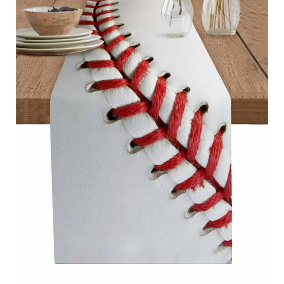 Baseball Burlap Cotton Table Runner 13x60 Inches Long, Red White Texture Sports Ball Minimalist Farmhouse Table Runners, Outdoor Dining Tablecloths Decor for Baby Shower/Party/Wedding