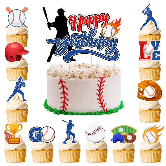 Baseball Cake Decorations, 24 Baseball Cupcake Toppers & 1 Baseball Cake Decorations Baseball Theme Cake Topper for Baseball Birthday Decorations & Baseball Party Supplies
