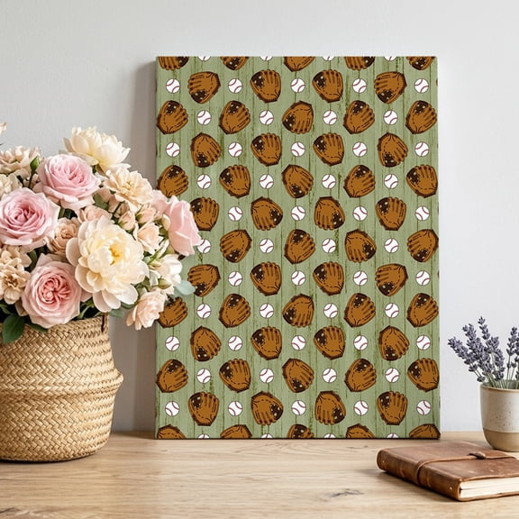 Baseball Canvas Wall Art for Living Room, Retro Baseballs Seamless Pattern Green Stripes Background Poster Print Painting for Entryway Side Of Cabinet Decoration Wall Pictures Prepare To Hang 8"x12"