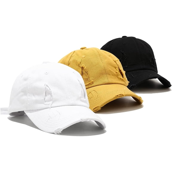 Baseball Cap 3 Pack Vintage Distressed Low Profile Unstructured Broken Patch Cotton Dad Hat Adjustable for Women Men