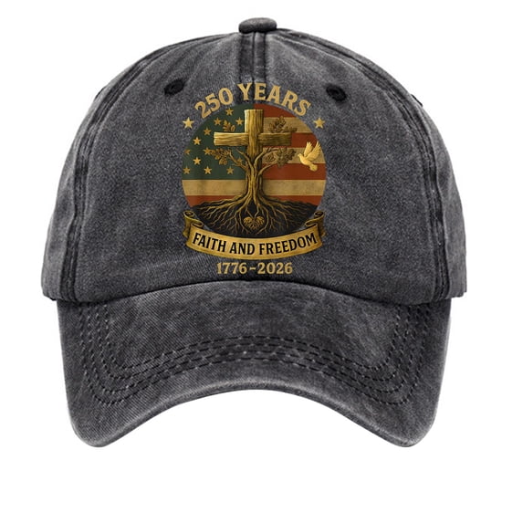 Baseball Cap Adjustable 250Th Anniversary Hat with Embroidered Cross Flag and Faith and Freedom Print Unisex Vintage Style Hat Black