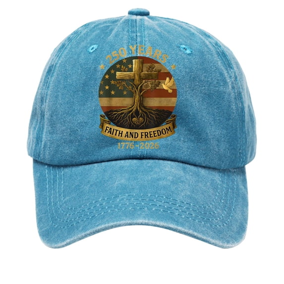 Baseball Cap Adjustable 250Th Anniversary Hat with Embroidered Cross Flag and Faith and Freedom Print Unisex Vintage Style Hat Blue