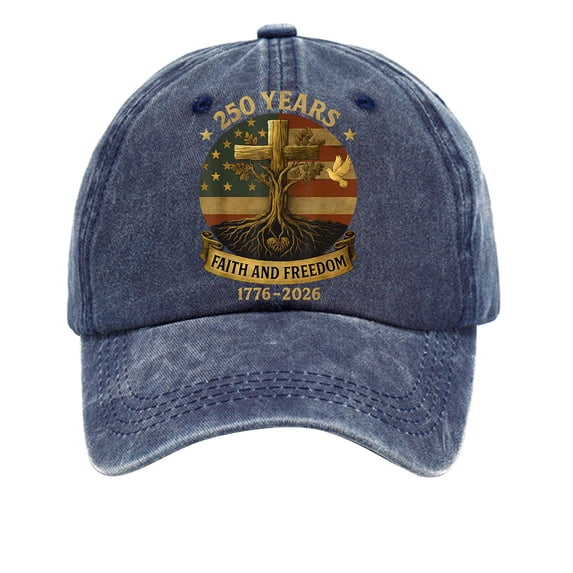 Baseball Cap Adjustable 250Th Anniversary Hat with Embroidered Cross Flag and Faith and Freedom Print Unisex Vintage Style Hat Navy