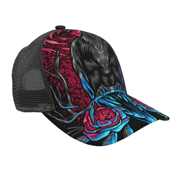 Baseball Cap Adjustable Fashion Snapback Unisex Mesh Trucker Hat, Crow And Flowers Raven Gothic