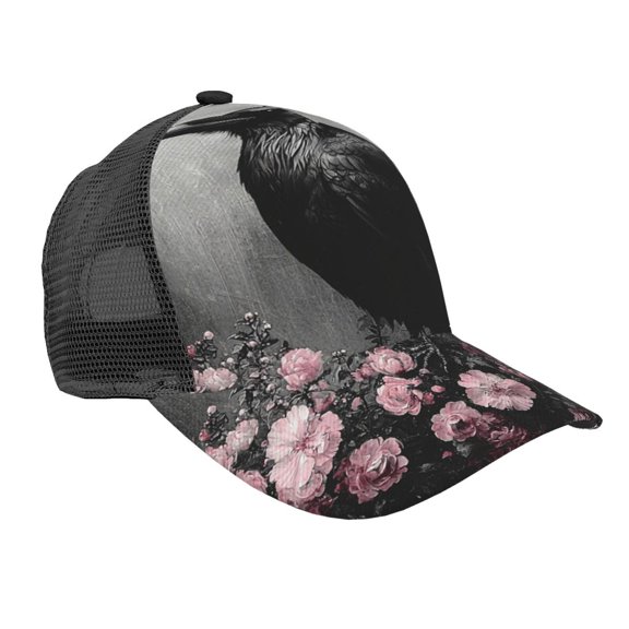Baseball Cap Adjustable Fashion Snapback Unisex Mesh Trucker Hat, Crow Raven Flowers Full Moon Black