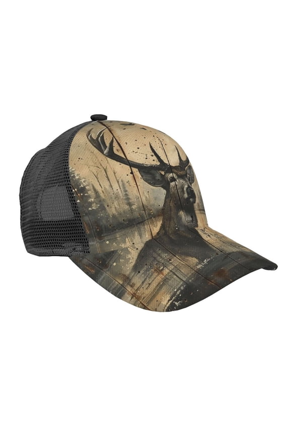Baseball Cap Adjustable Fashion Snapback Unisex Mesh Trucker Hat, Deer Vintage Camo Art Black