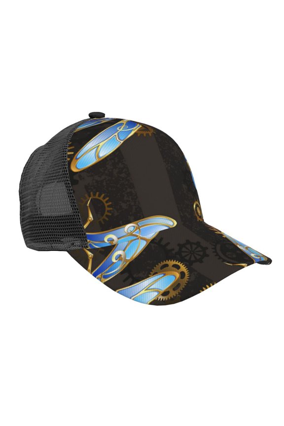 Baseball Cap Adjustable Fashion Snapback Unisex Mesh Trucker Hat, Mechanical Dragonflies Gold Steampunk