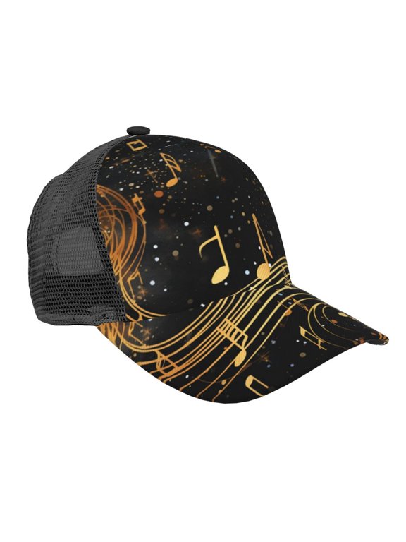 Baseball Cap Adjustable Fashion Snapback Unisex Mesh Trucker Hat, Musical Notes With Piano Starry Golden