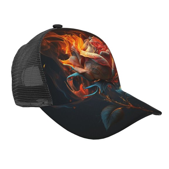 Baseball Cap Adjustable Fashion Snapback Unisex Mesh Trucker Hat, Rose On Fire Burning Flaming