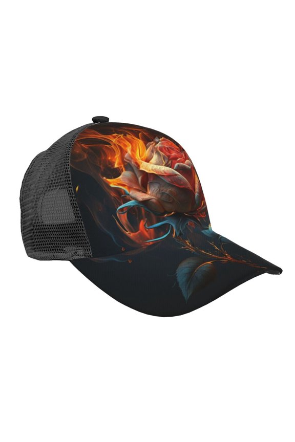 Baseball Cap Adjustable Fashion Snapback Unisex Mesh Trucker Hat, Rose On Fire Burning Flaming