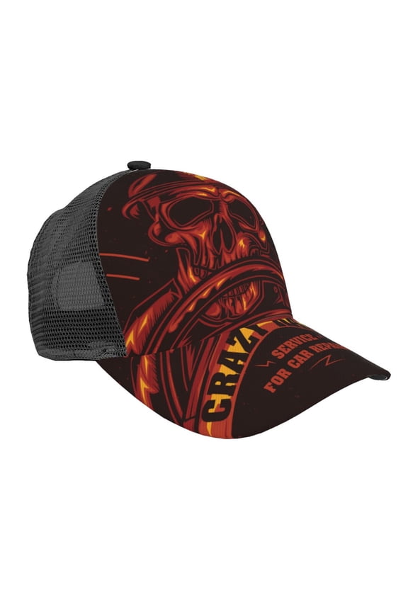 Baseball Cap Adjustable Fashion Snapback Unisex Mesh Trucker Hat, Skull Crazy Racer Gothic Vintage