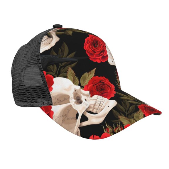 Baseball Cap Adjustable Fashion Snapback Unisex Mesh Trucker Hat, Skulls Red Roses Raven