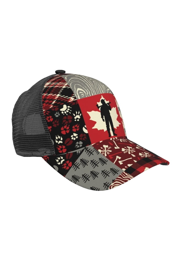 Baseball Cap Adjustable Fashion Snapback Unisex Mesh Trucker Hat, Wildlife Wood Plaid And Lumberjack Symbols