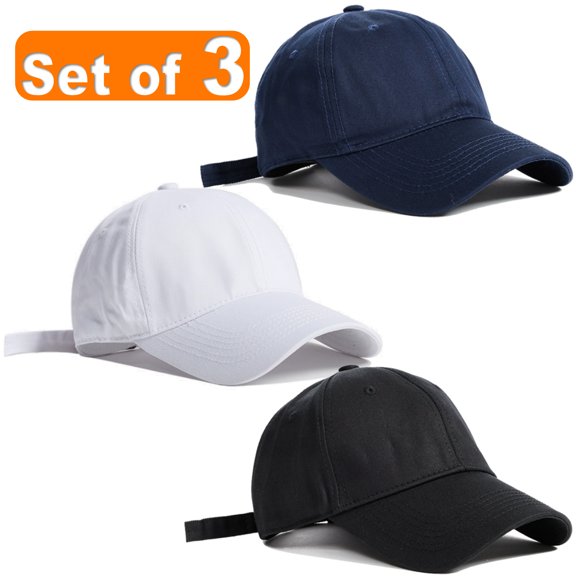 Baseball Cap Adjustable Size Cotton Hat for Running and Outdoor Activities Set of 3 Black Navy White