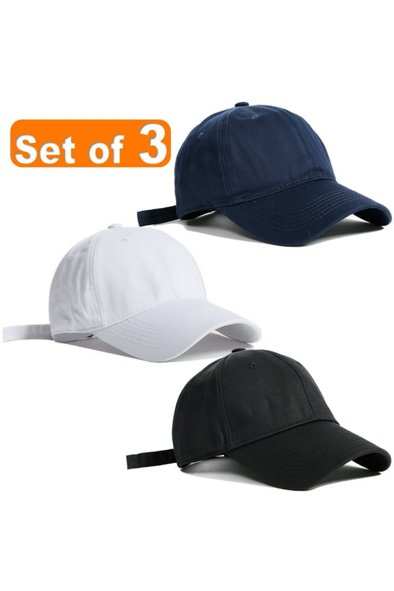 Baseball Cap Adjustable Size Cotton Hat for Running and Outdoor Activities Set of 3 Black Navy White