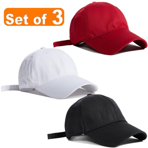 Baseball Cap Adjustable Size Cotton Hat for Running and Outdoor Activities Set of 3 White Black Red
