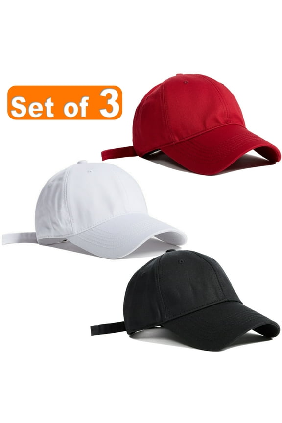Baseball Cap Adjustable Size Cotton Hat for Running and Outdoor Activities Set of 3 White Black Red