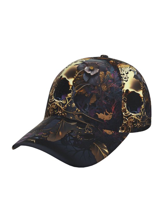 Baseball Cap Dad Hat Adjustable Trucker Hats Snapback Men Women , Skull Floral Gold Death