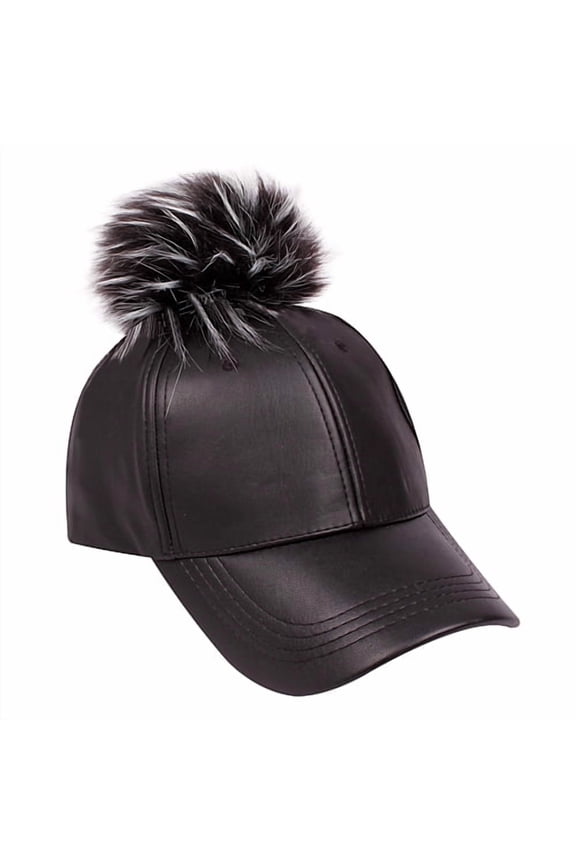 Baseball Cap - Faux Leather With Detachable Faux Fox Fur Pom Pom - Black - HT-AO326BK