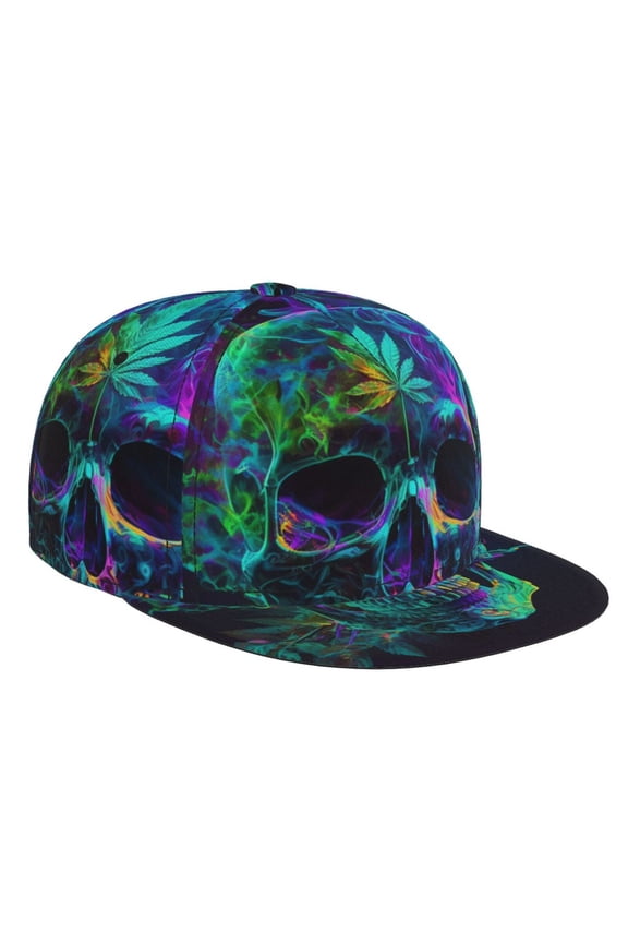 Baseball Cap Flat Bill Hat Adjustable Brim Trucker Hats Snapback , Flame Cannabis Weed Skull Psychedelic