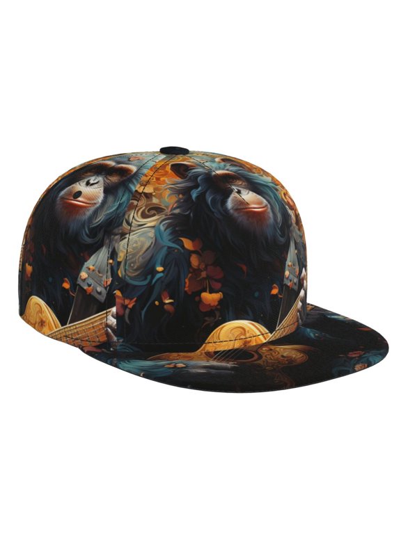 Baseball Cap Flat Bill Hat Adjustable Brim Trucker Hats Snapback , Monkey Playing Guitar Art