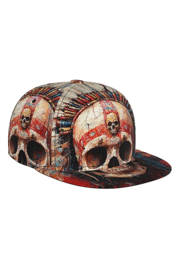 Baseball Cap Flat Bill Hat Adjustable Brim Trucker Hats Snapback , Tribal Chief Skull Red
