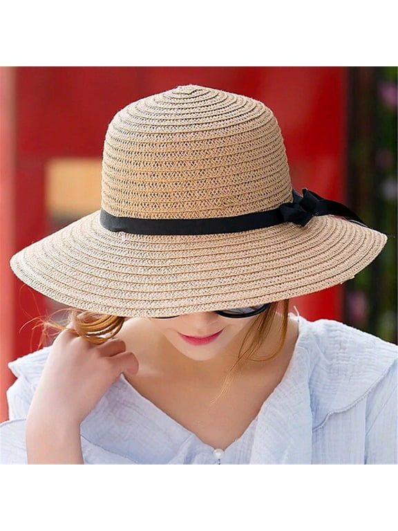 Baseball Cap Floppy Foldable Ladies Women Straw Beach Sun Summer Hat Beige Wide Brim Hat