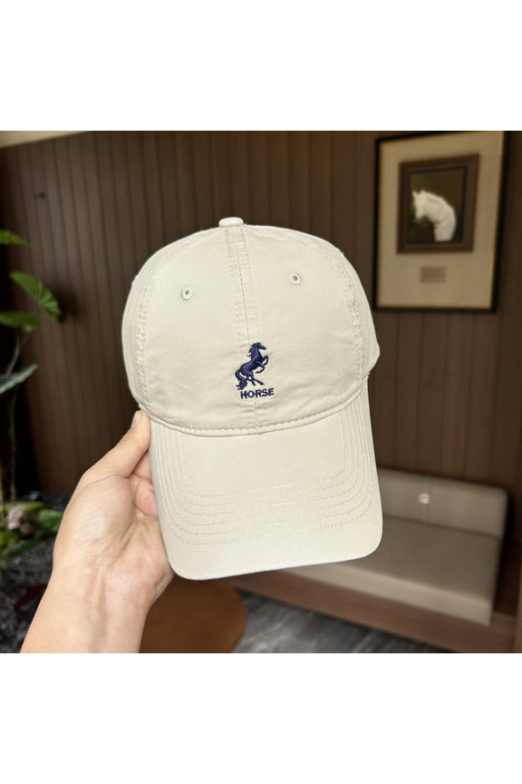 Baseball Cap with Horse Embroidery, Deep Crown Wide Brim Sun Hat for Big Head, Flattering Adjustable Outdoor Cap for Men and Women, Casual Daily Wear Beige