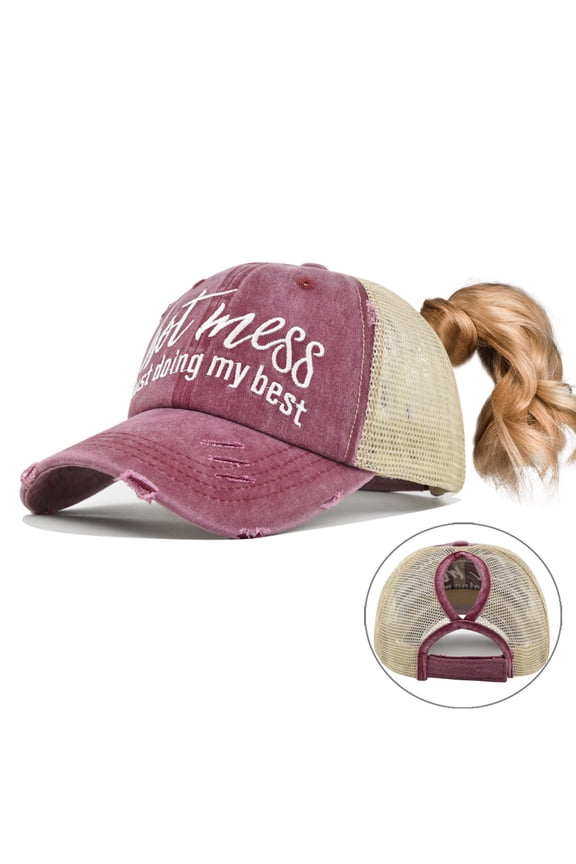 Baseball Cap Hot Criss Cross Ponytail Hat for Women Distressed Messy Bun Trucker Hat Pony Cap Hot Mess Hat