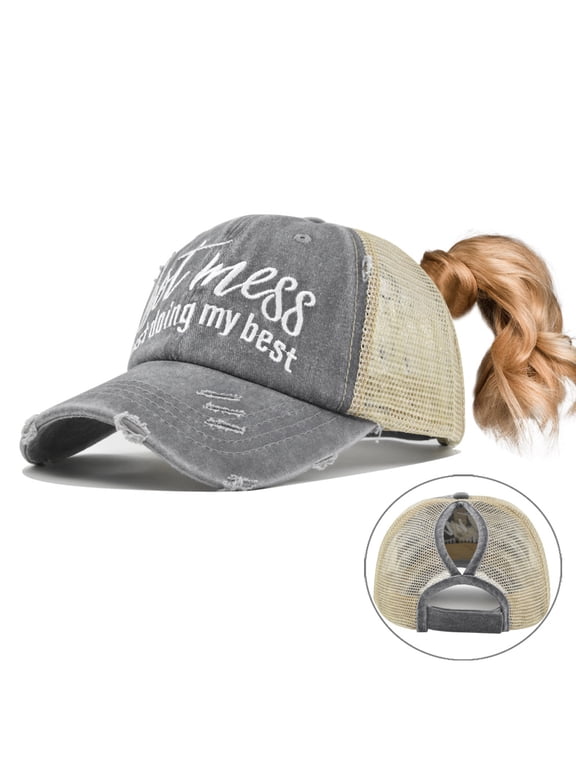 Baseball Cap Hot Criss Cross Ponytail Hat for Women Distressed Messy Bun Trucker Hat Pony Cap Hot Mess Hat