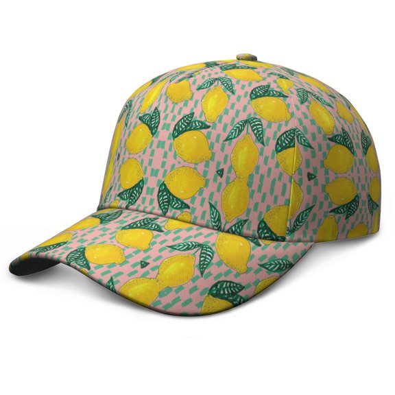 Baseball Cap Lemon Lover Bright Yellow Summer Fruit Adjustable Dad Hat with Cute Retro Vintage Floral Pattern