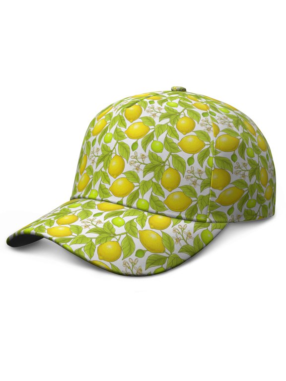 Baseball Cap Lemon Lover Bright Yellow Summer Fruit Adjustable Dad Hat with Cute Retro Vintage Floral Pattern