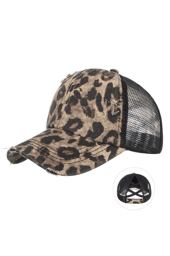 Baseball Cap Leopard Print Ponytail Hat for Women Summer Mesh Back Breathable Sports Cap Coffee