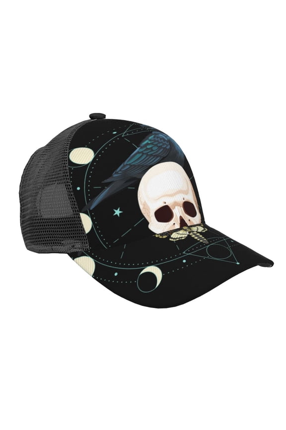 Baseball Cap Mesh Snapback 3D Adjustable Hip Hop Trucker Hats, Black Raven Skull Moth Moon